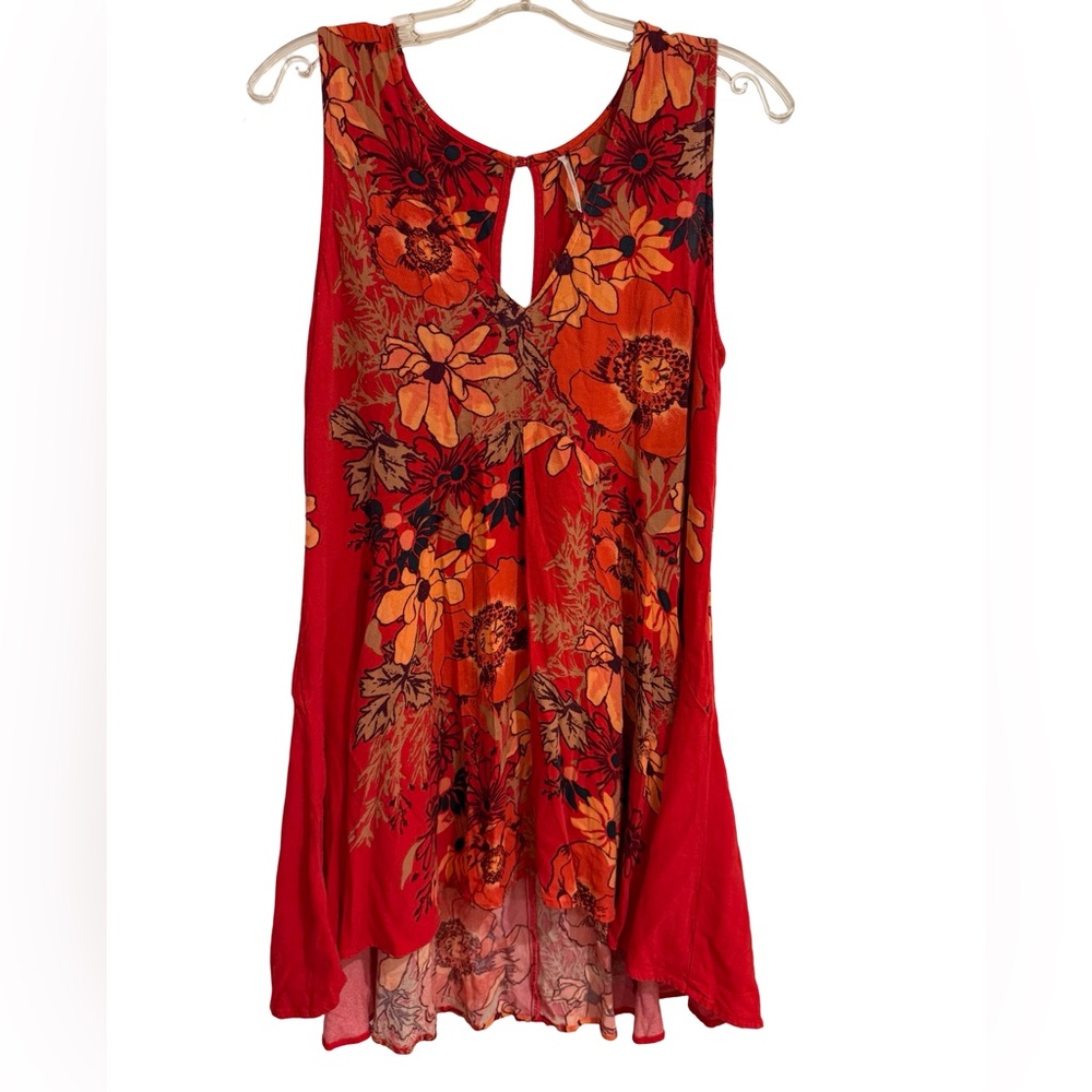 Free People Medium Red Floral Sleeveless Tunic Top Boho Swing - Picture 2 of 6